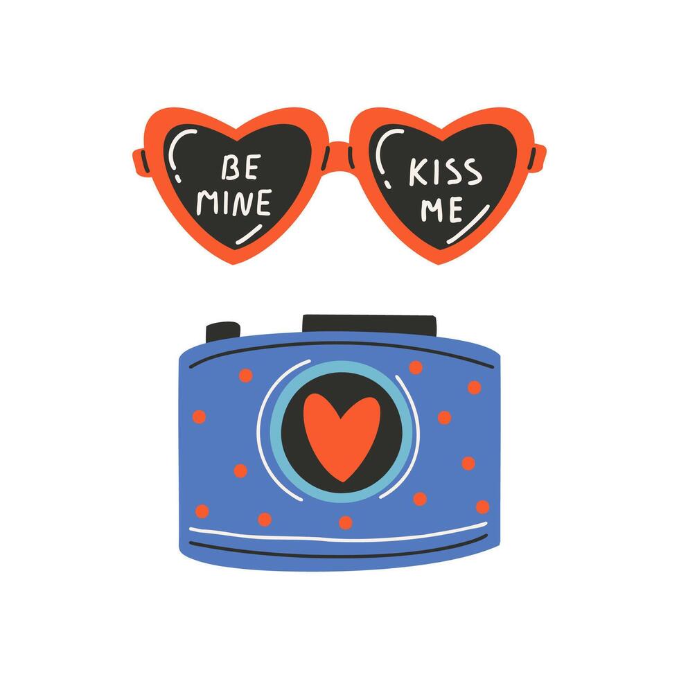 Set of elements for St. Valentine's Day, glasses in the shape of a heart with the text be mine and kiss me, camera. Symbol of love, romance. vector