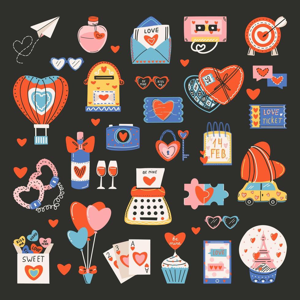 Set of elements for St. Valentine's Day, bottle with a love potion, typewriter, mailbox, cassette, heart shaped lock and key. Symbol of love, romance. vector