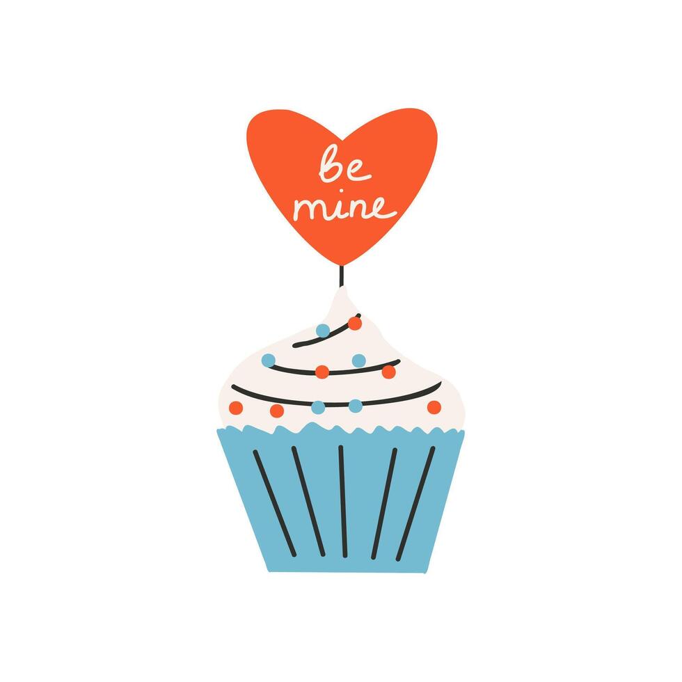 Cupcake with a heart and the text be mine. Symbol of love, romance. Design for Valentine's Day. vector