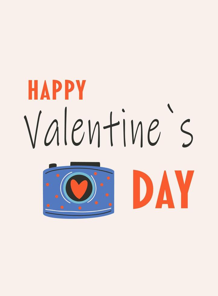 Card template for Saint Valentine's day, 14 february. Hand drawn cards with camera, heart, text. vector