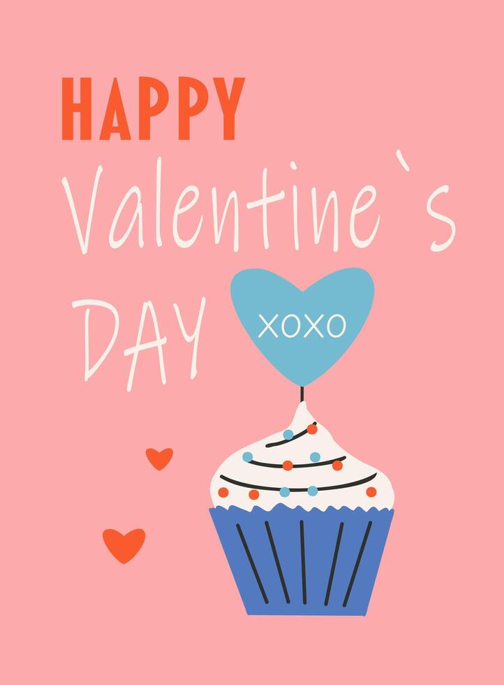 Postcard template for Saint Valentine's day, 14 february. Hand drawn cards with cupcake, heart, text. vector