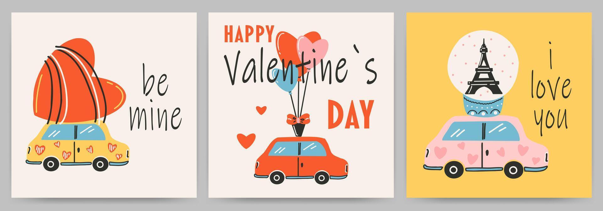 postales plantillas conjunto para Santo San Valentín día, 14 febrero. mano dibujado tarjetas con auto, globos, eiffel torre, corazón, texto. vector