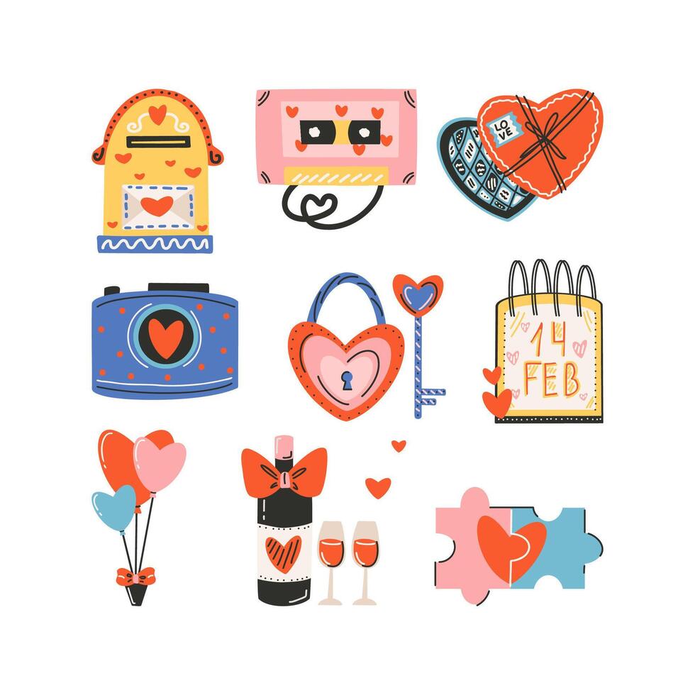 Set of elements for St. Valentine's Day, lock and key, wine and glasses, candy, balloons, mailbox, calendar February 14. Symbol of love, romance. vector