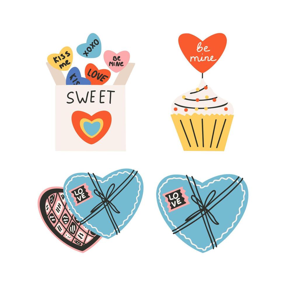 Set of elements for St. Valentine's Day, cupcake with a heart and the text be mine, chocolate candies. Symbol of love, romance. vector