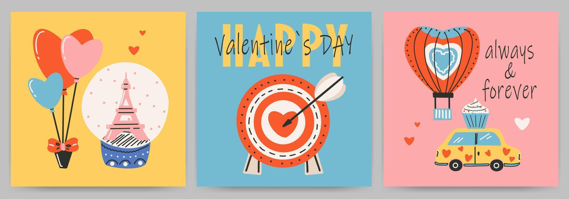 postales plantillas conjunto para Santo San Valentín día, 14 febrero. mano dibujado tarjetas con objetivo, flecha, auto, corazón, texto. vector
