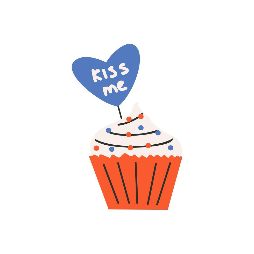 Cupcake with a heart and the text kiss me. Symbol of love, romance. Design for Valentine's Day. vector