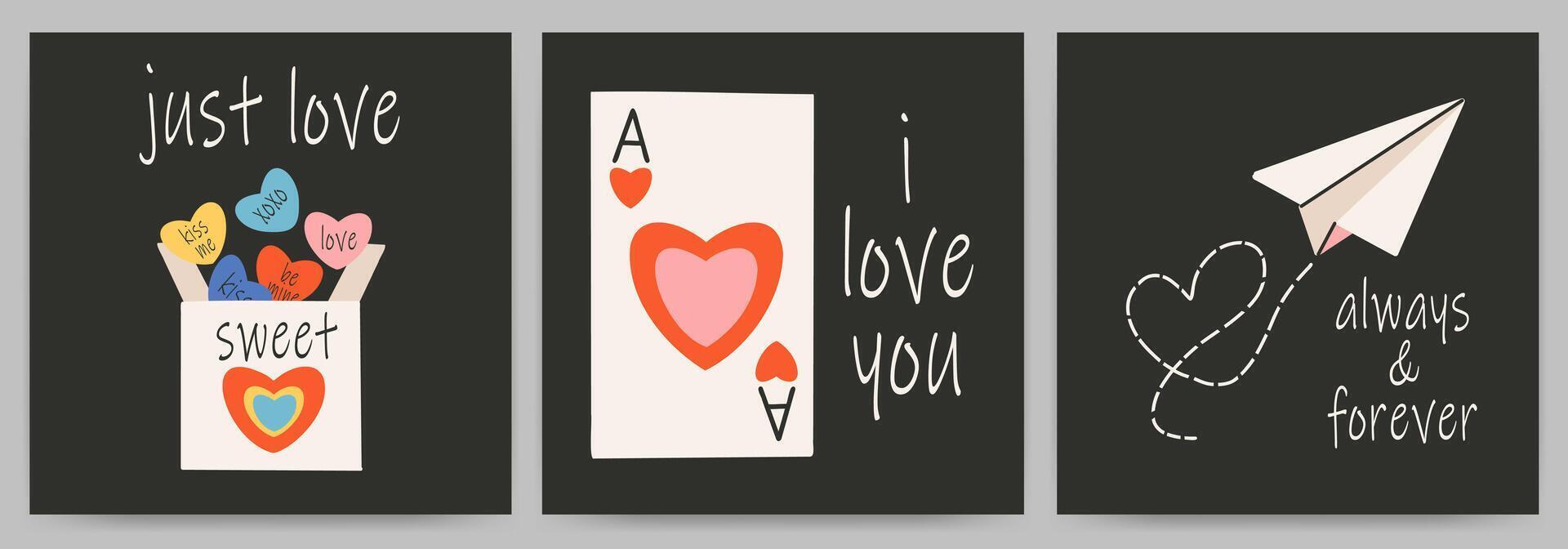 postales plantillas conjunto para Santo San Valentín día, 14 febrero. mano dibujado tarjetas con tarjetas, dulce, papel avión, corazón, texto. vector