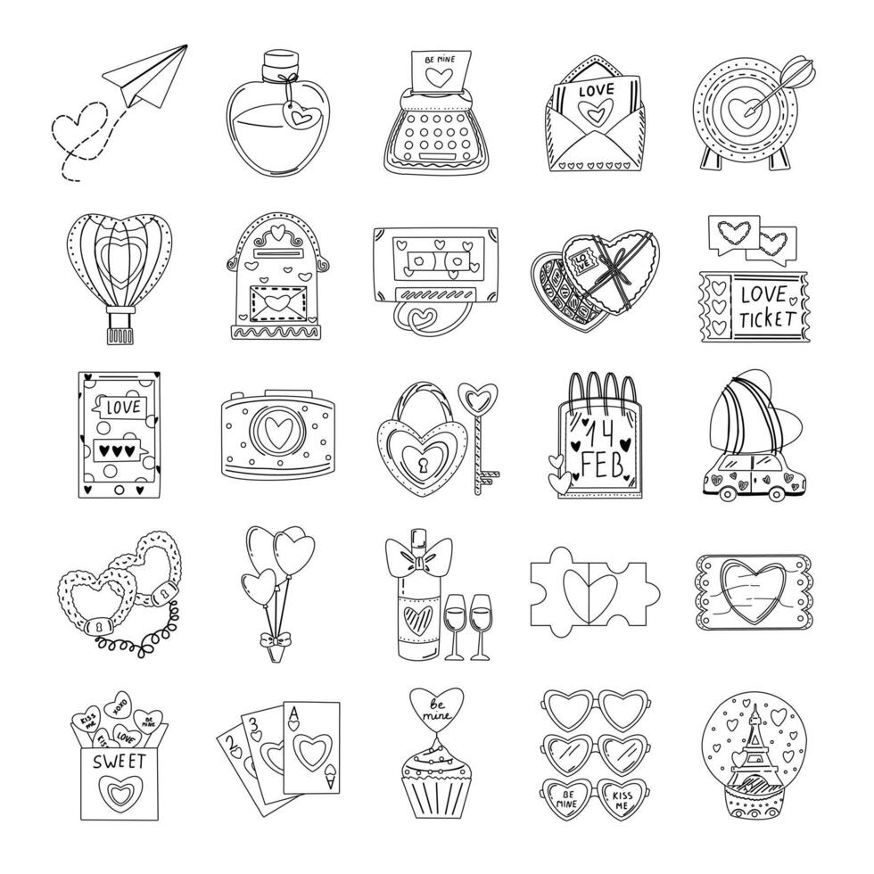 Set of elements for St. Valentine's Day, bottle with a love potion, typewriter, mailbox, cassette, lock and key. Symbol of love, romance. Line art. vector