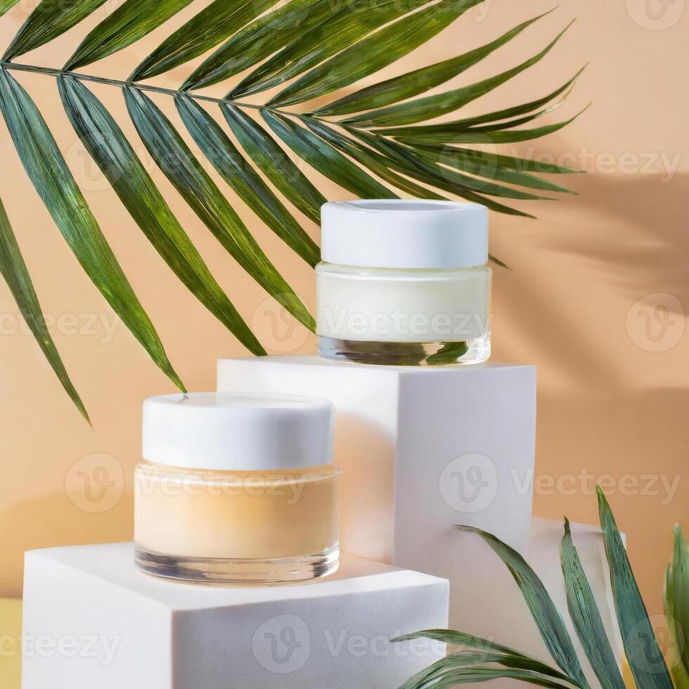 Face and body cream glass jars on cube under leaf shadows, cosmetic container mockup photo