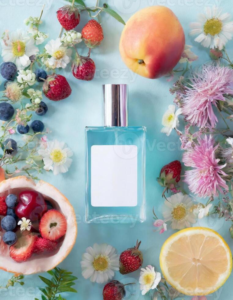 Transparent perfume bottle mock up with flowers, berries, fruits on background photo