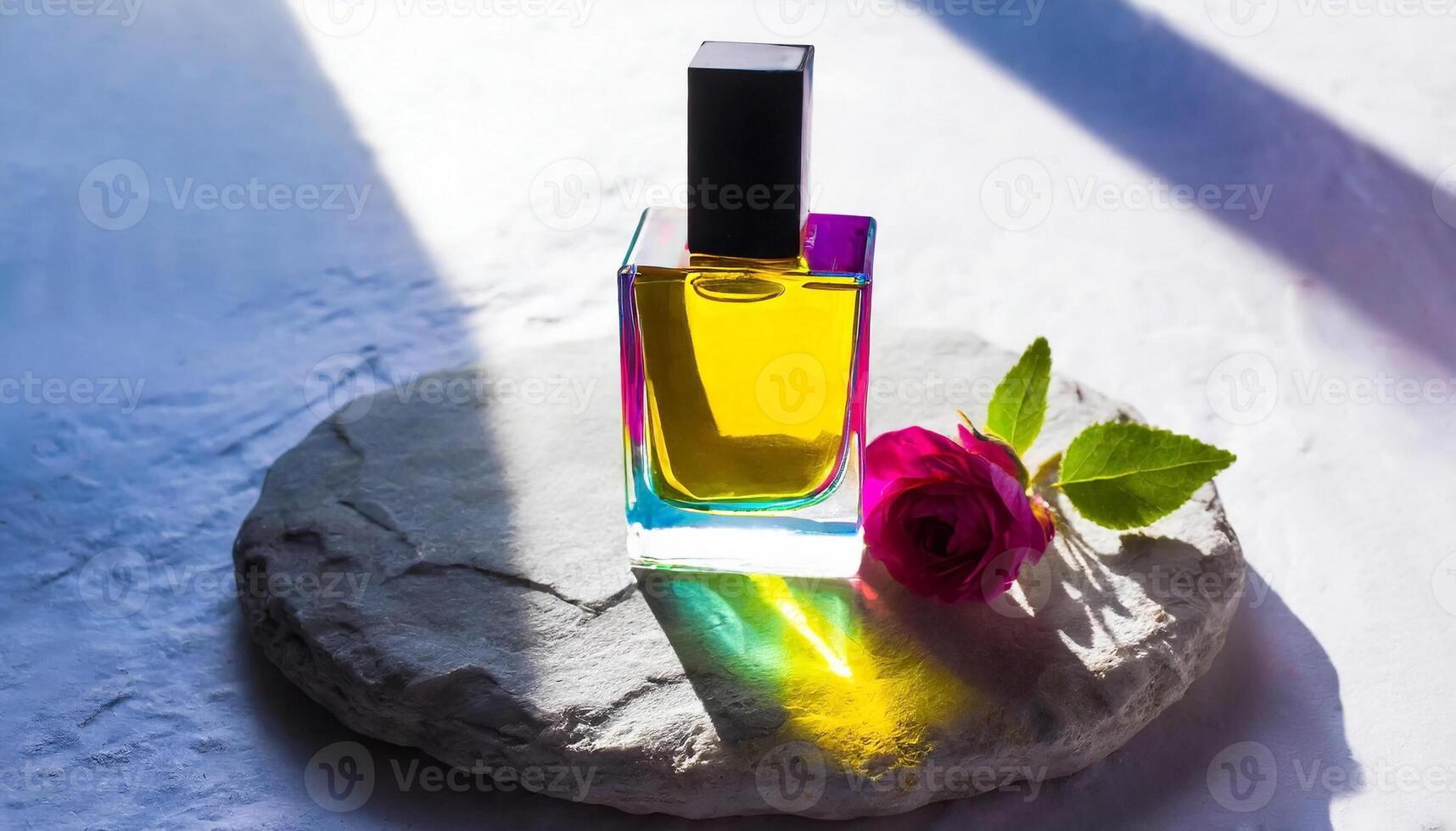 Bosquejo de chicas transparente perfume botella en Roca plato y oscuridad foto