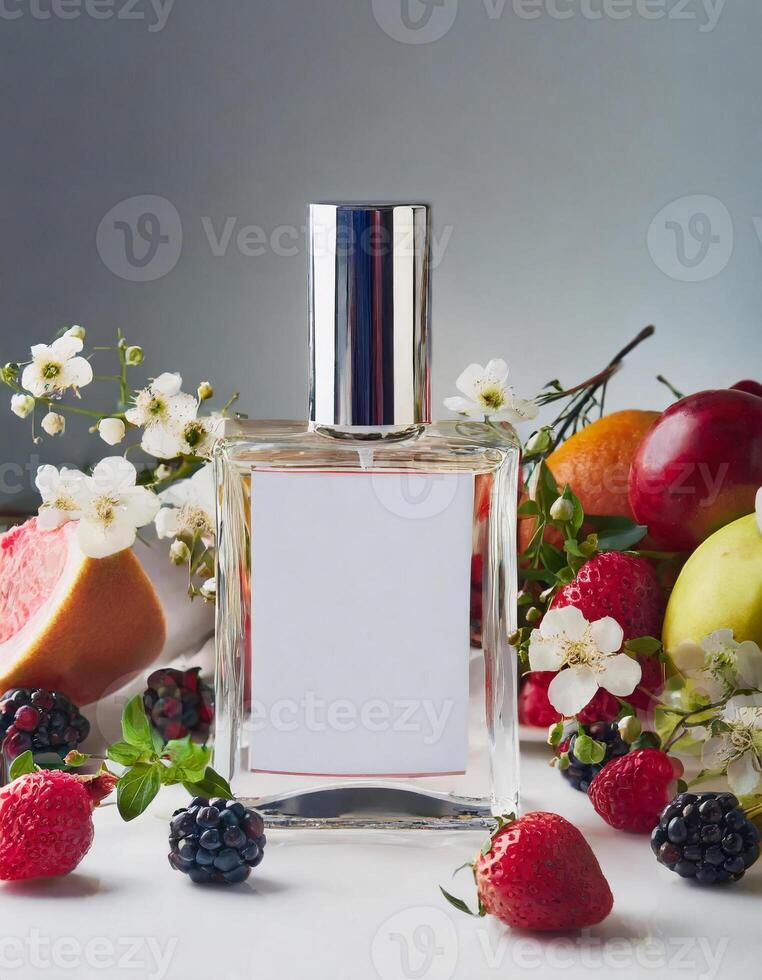 Transparent perfume bottle mock up with flowers, berries, fruits on background photo