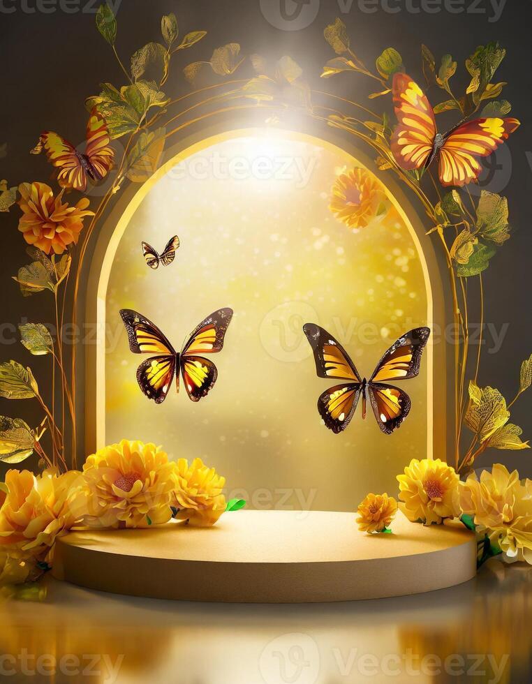 AI generated Product podium showcase mockup, flowers and butterlies decoration, product platform mock up photo