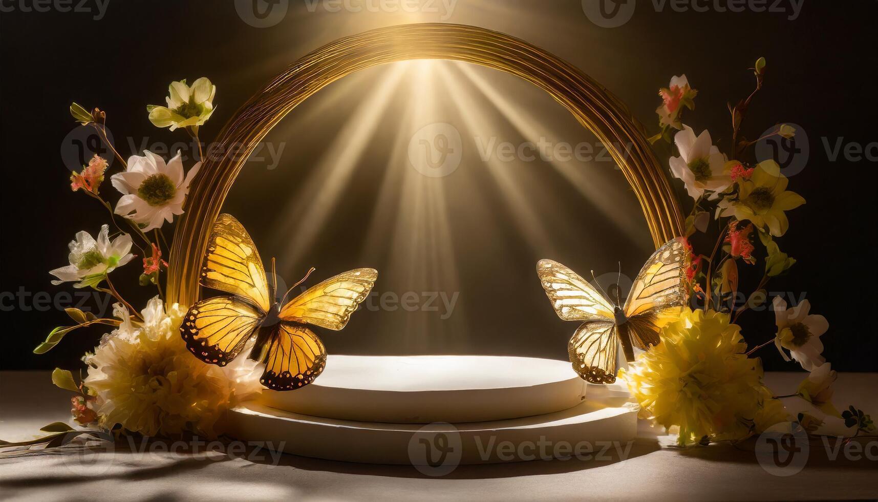 AI generated Product podium showcase mockup, flowers and butterlies decoration, product platform mock up photo