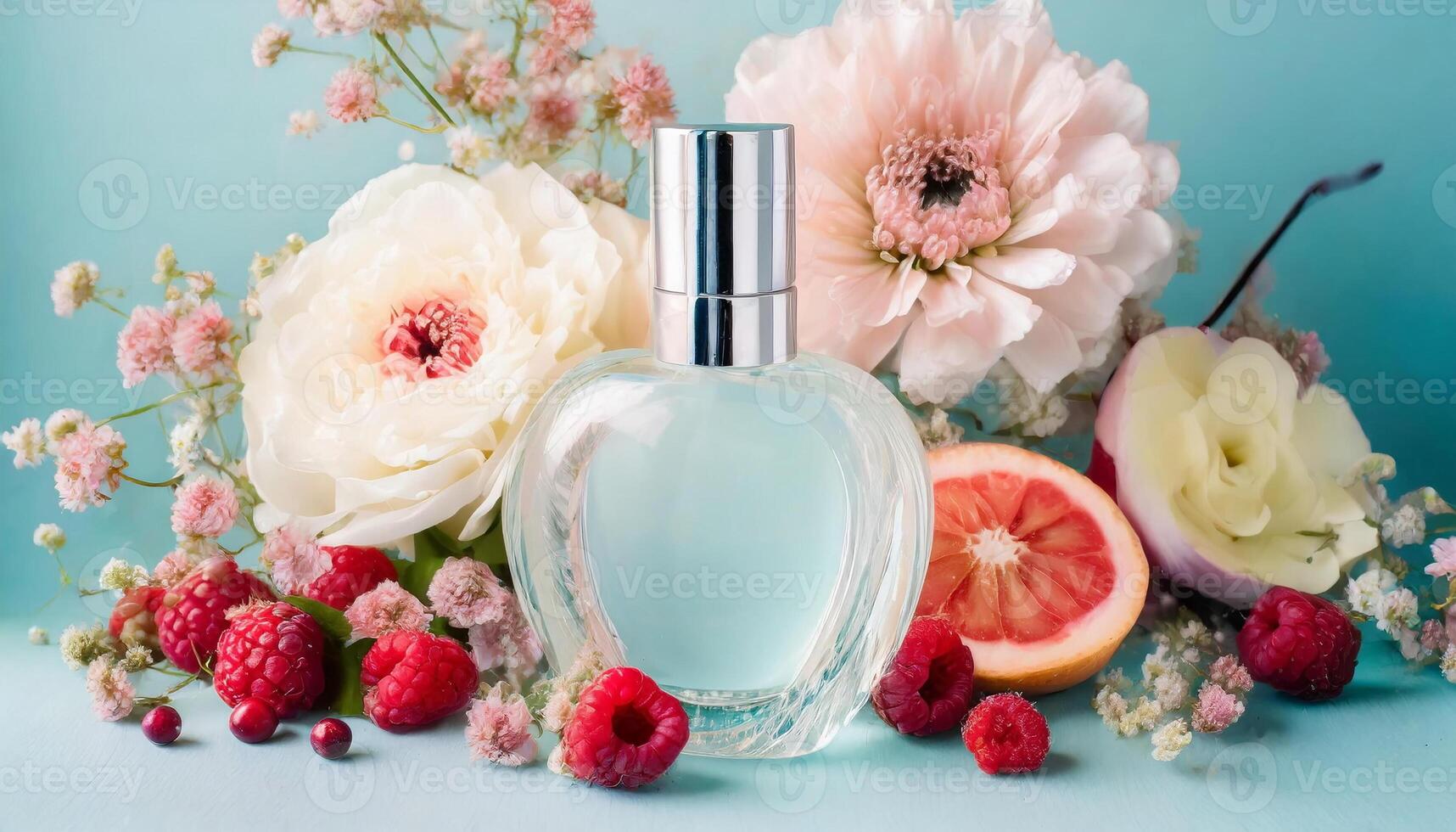 Transparent perfume bottle mock up with flowers, berries, fruits on background photo