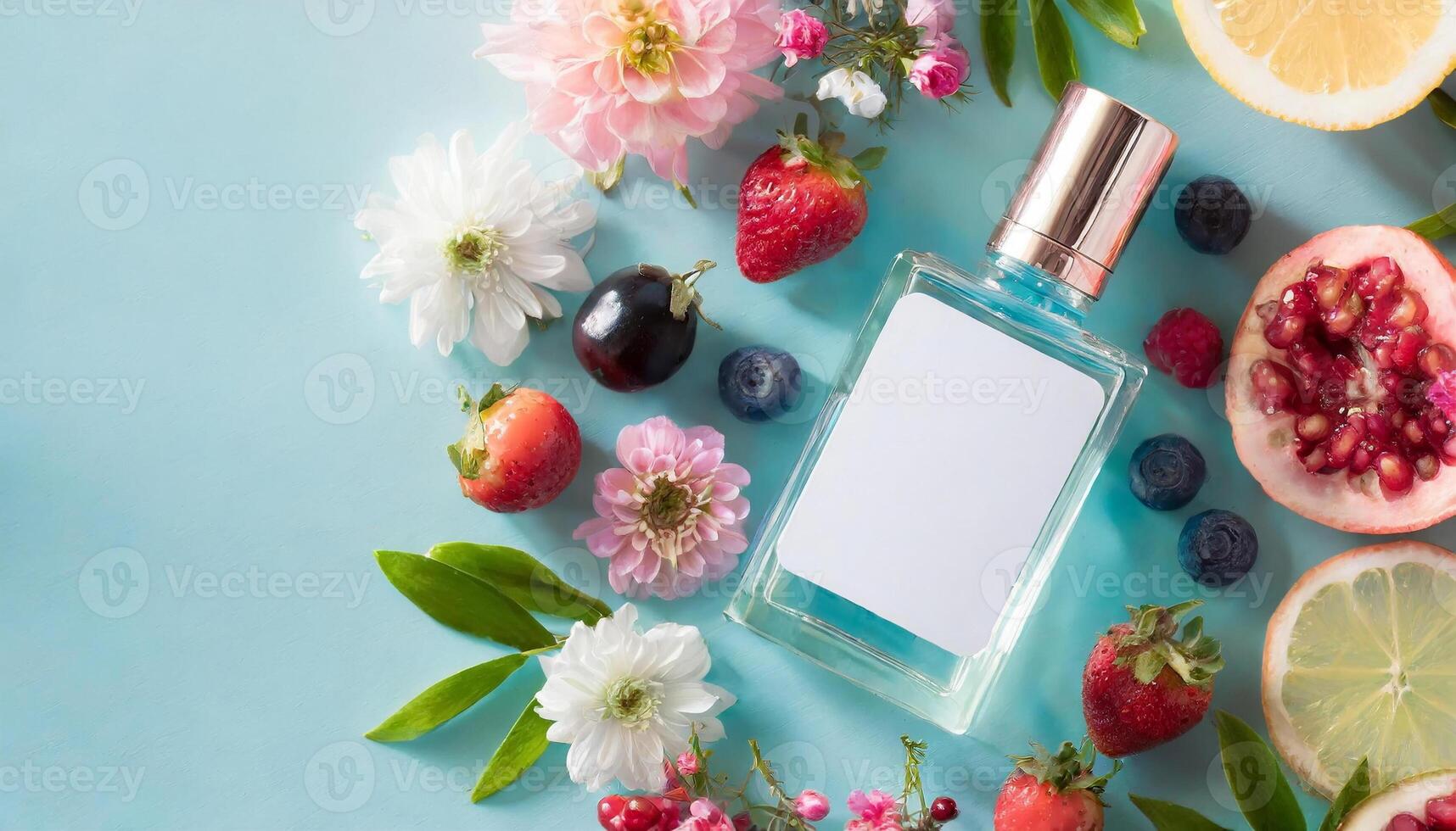 transparente perfume botella burlarse de arriba con flores, bayas, frutas en antecedentes foto