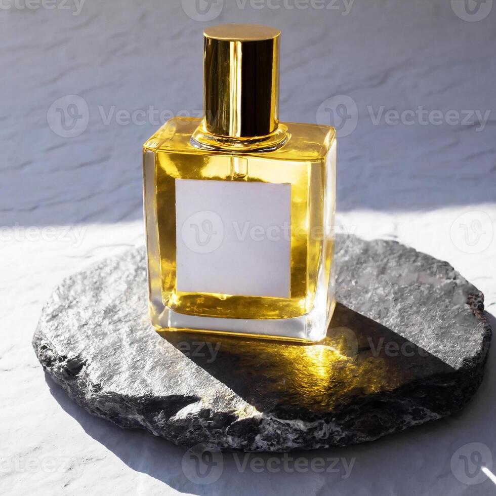 Mockup of galss transparent perfume bottle on stone plate and shadows photo