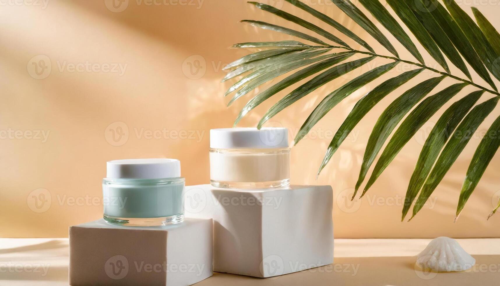 Face and body cream glass jars on cube under leaf shadows, cosmetic container mockup photo