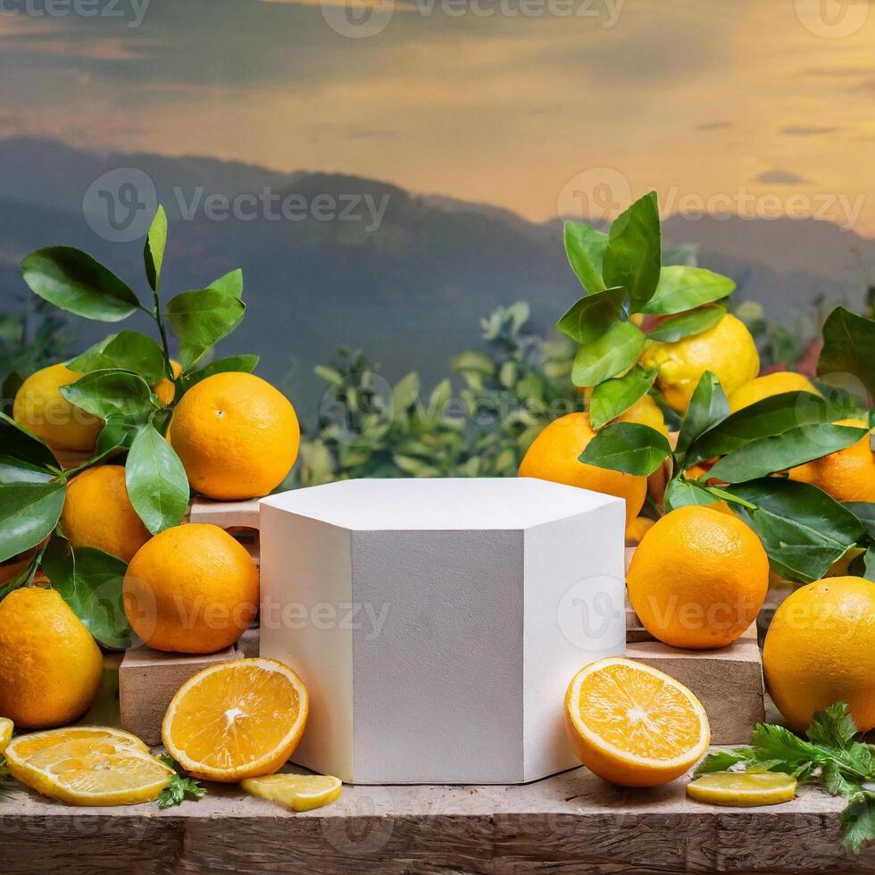 AI generated Mock up podium, a lot of citrus orange and lemon and peach and grape on background, morning light, mockup photo