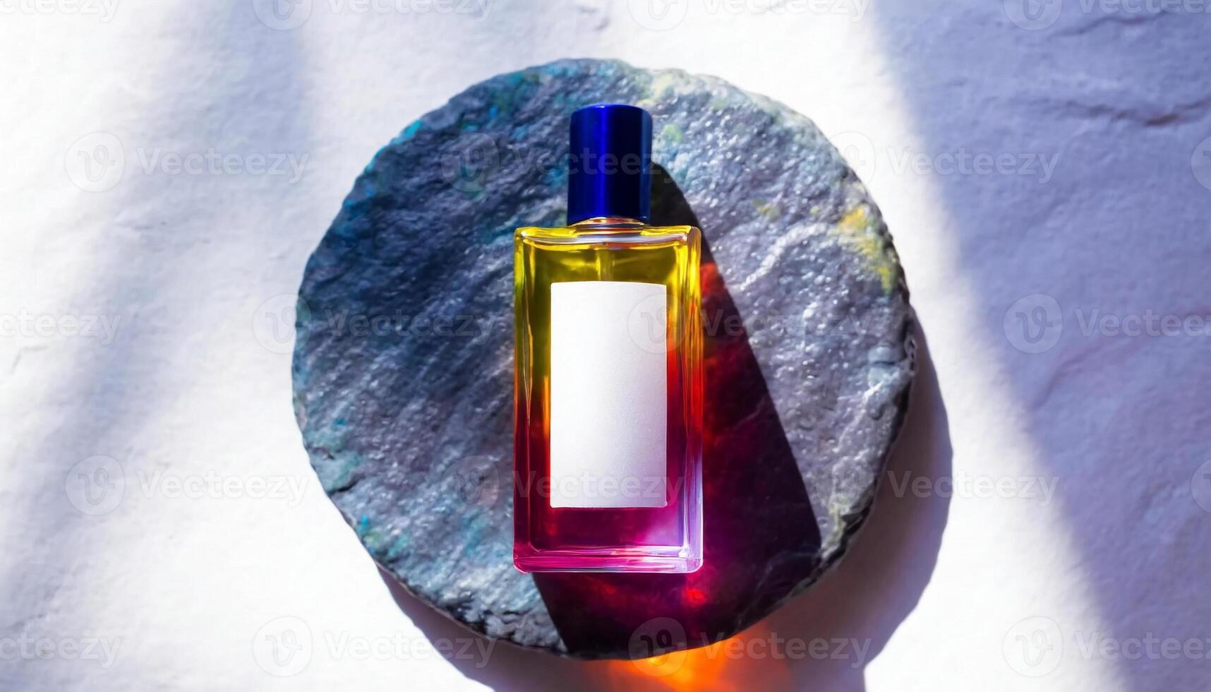 Mockup of galss transparent perfume bottle on stone plate and shadows photo