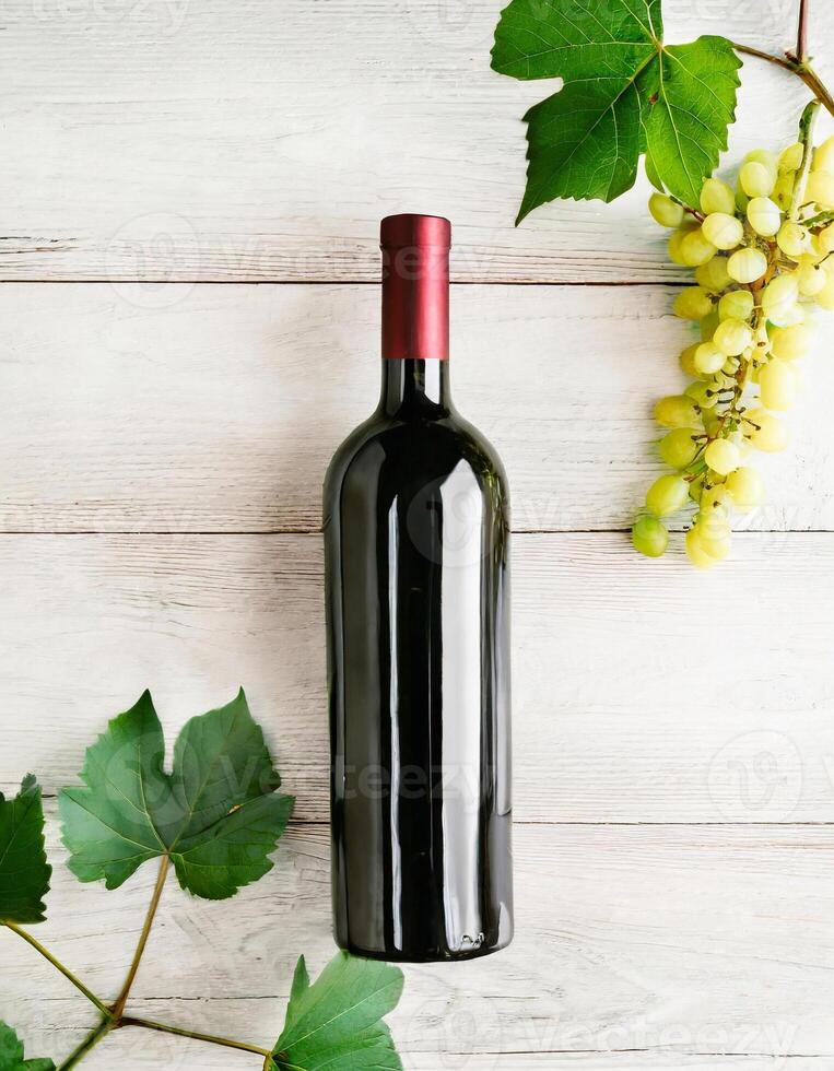 AI generated Vine bottle mockup on light background, winery template photo