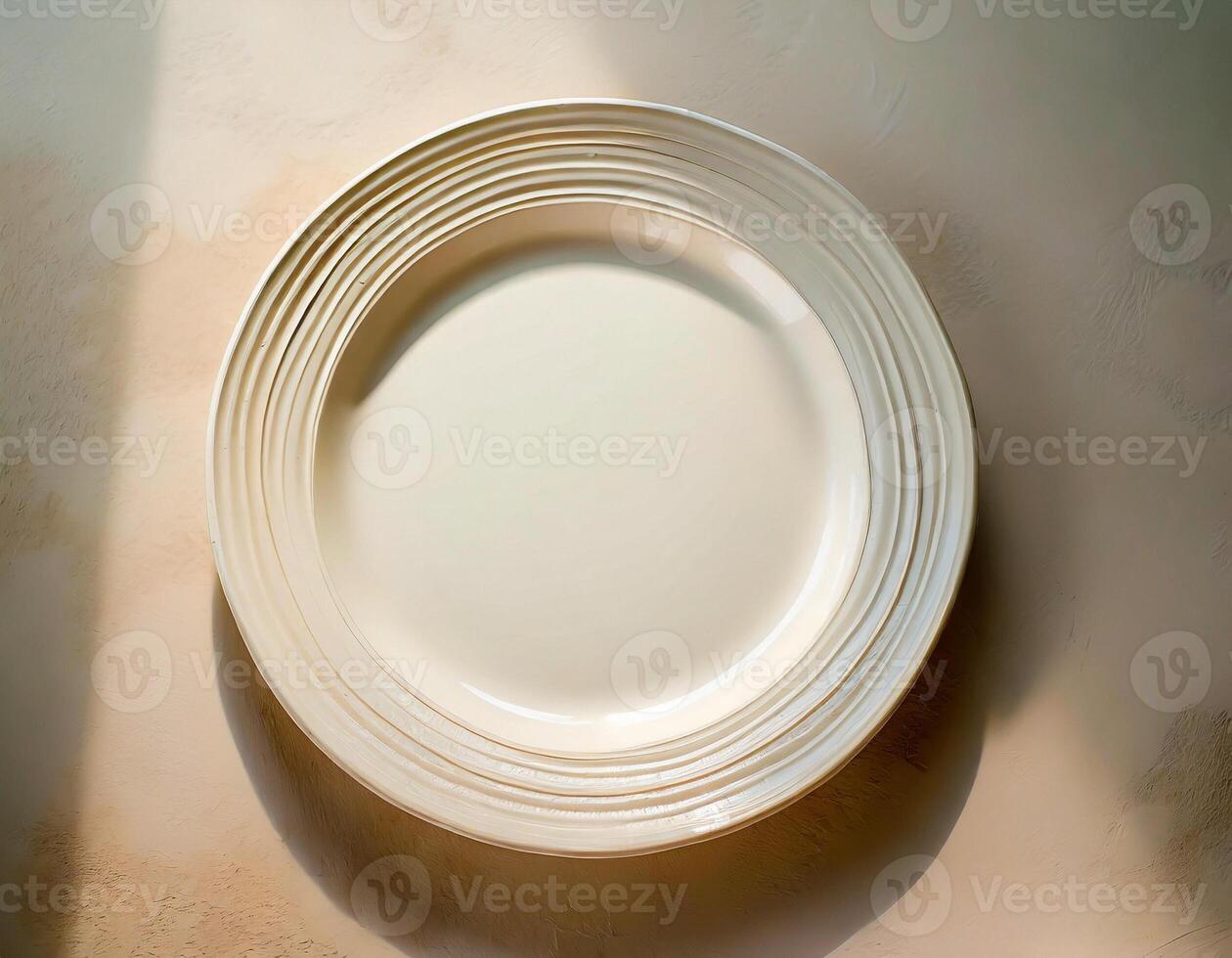 AI generated White ceramic plate mockup, blank template of dish on table photo