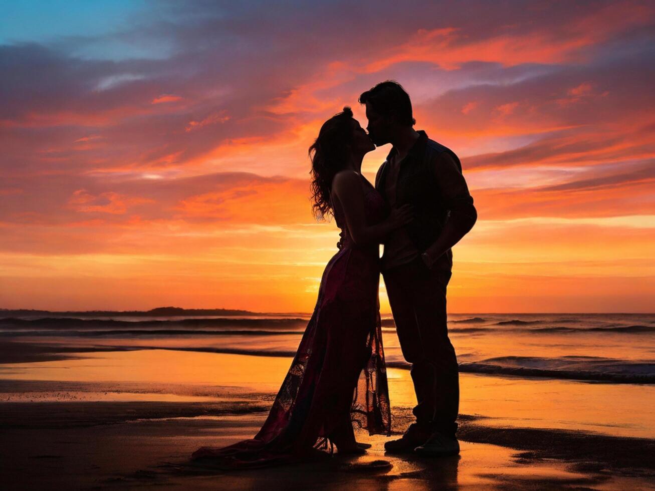 AI generated Silhouette of a couple sharing a kiss against a colourful sunset photo