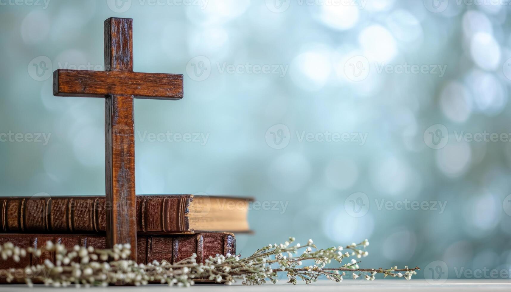 AI generated A table with a wooden cross biblical books and delicate willow twigs against an abstract light background, palm sunday greetings photo