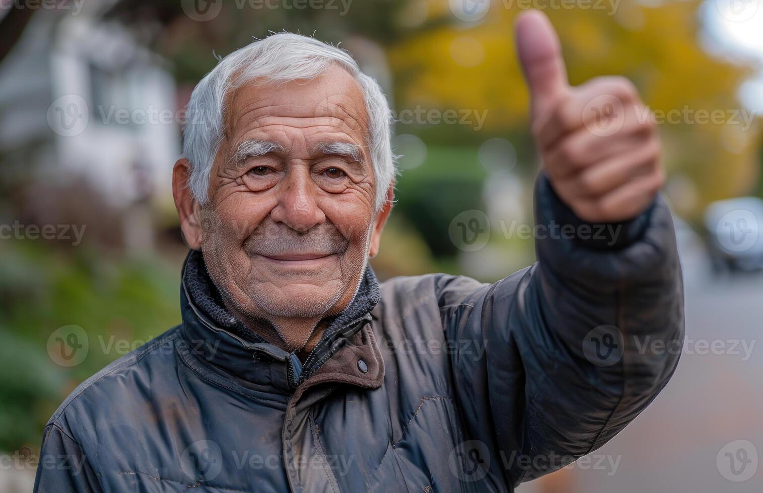 AI generated An elderly man happily showing thumbs up outside, age acceptance image photo