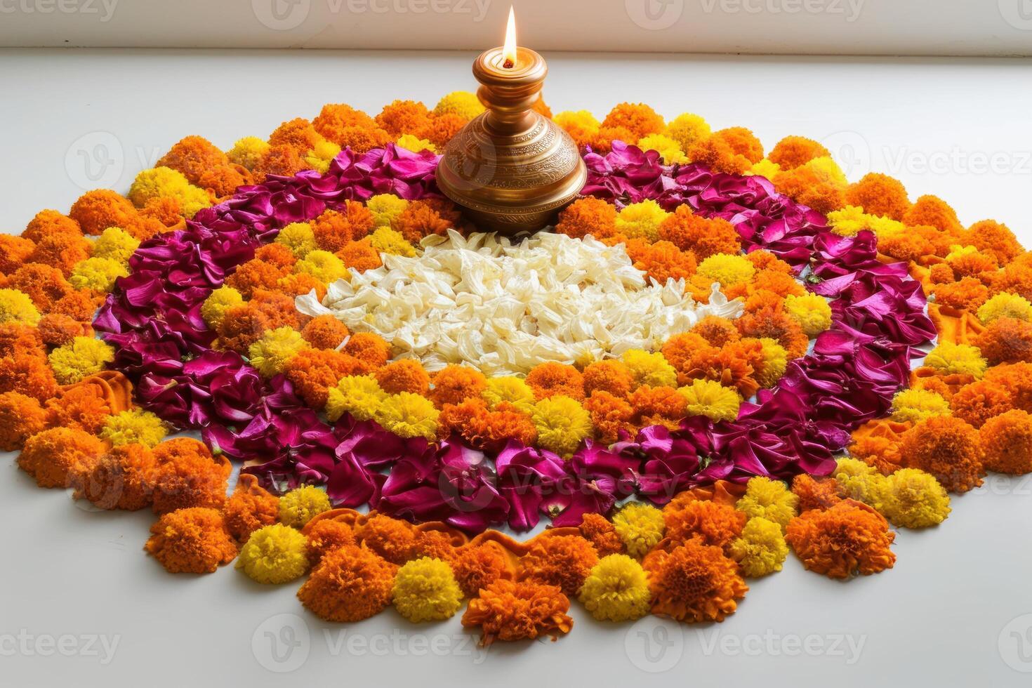 AI generated Gudi padwa pongal flower rangoli made of marigold or zendu flowers with an oil lamp on a white background, gudi padwa decoration picture photo