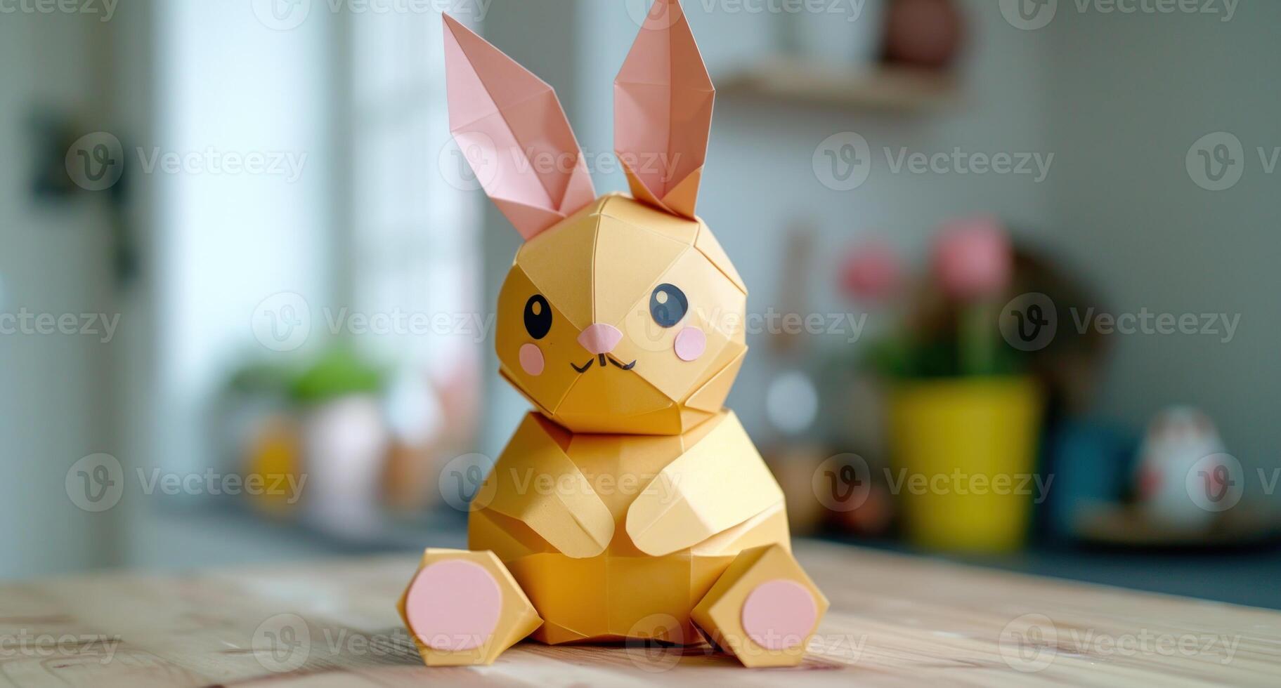 AI generated Paper easter bunny sits on wooden table, easter crafts image photo