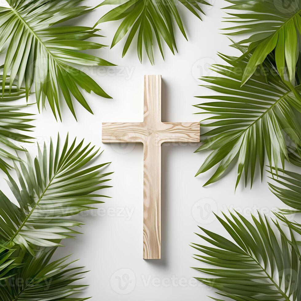 AI Generated Palm Leaves, Catholic Wooden Cross. Palm Sunday And Easter Day Concept. Palm Sunday And Easter Day Concept. Copy space. This photo was created using Playground AI