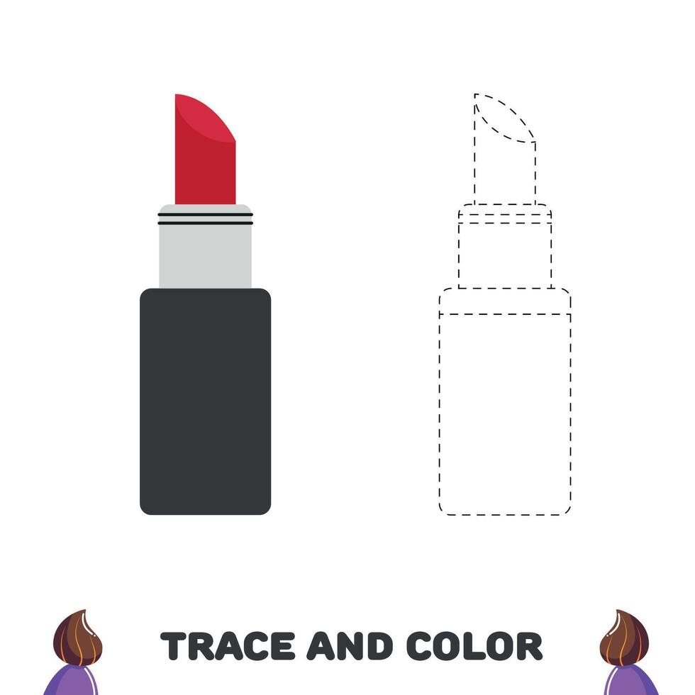 Trace and color the lipstick. Handwriting practice for kids.  Educational sheet with game. Vector illustration