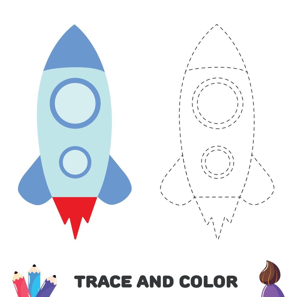 Trace and color the rocket. Handwriting practice.  Educational sheet with game for kids. Vector illustration