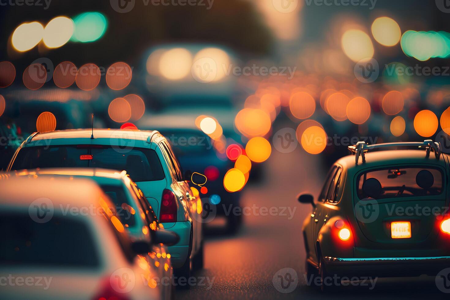 AI generated night traffic jam with shallow depth of field, neural network generated art photo