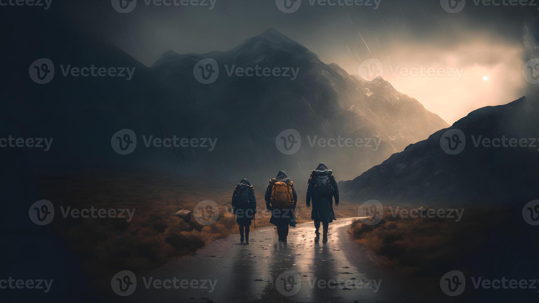 AI generated group of walking travellers in scandinavian mountains at rainy foggy day, neural network generated art photo