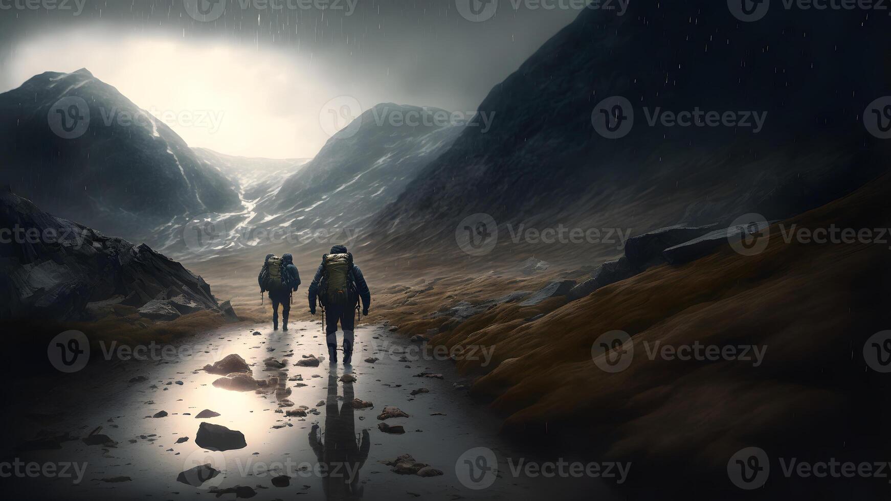 AI generated group of walking travellers in scandinavian mountains at rainy foggy day, neural network generated art photo