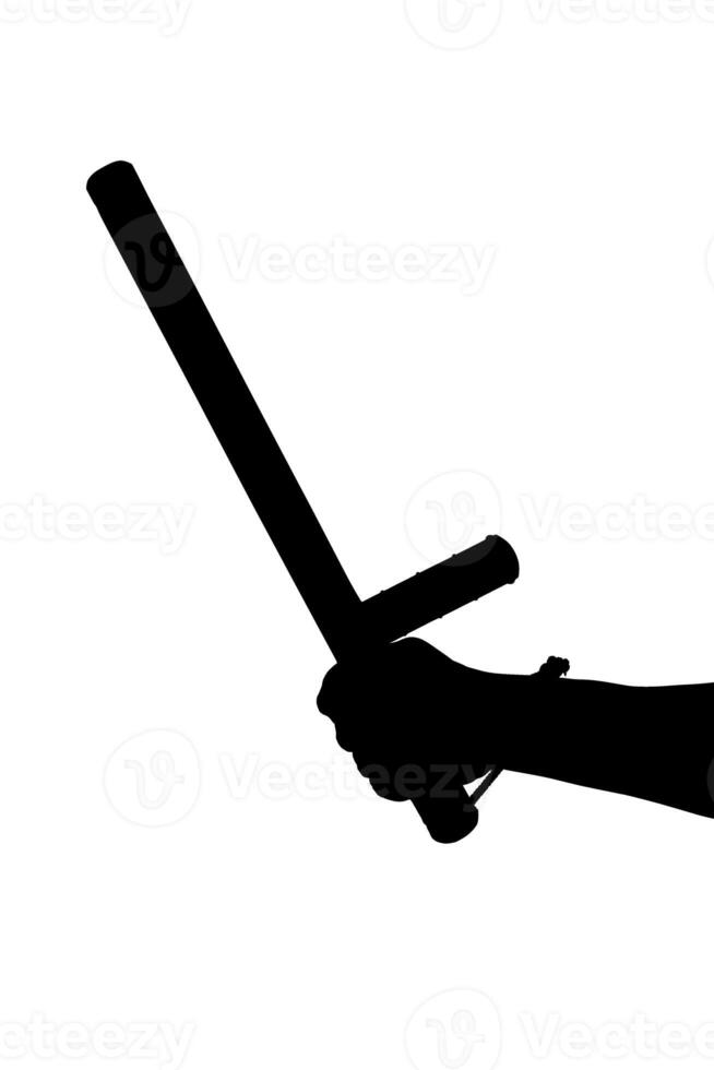 a black and white silhouette of bare hand with rubber police baton isolated on white background photo