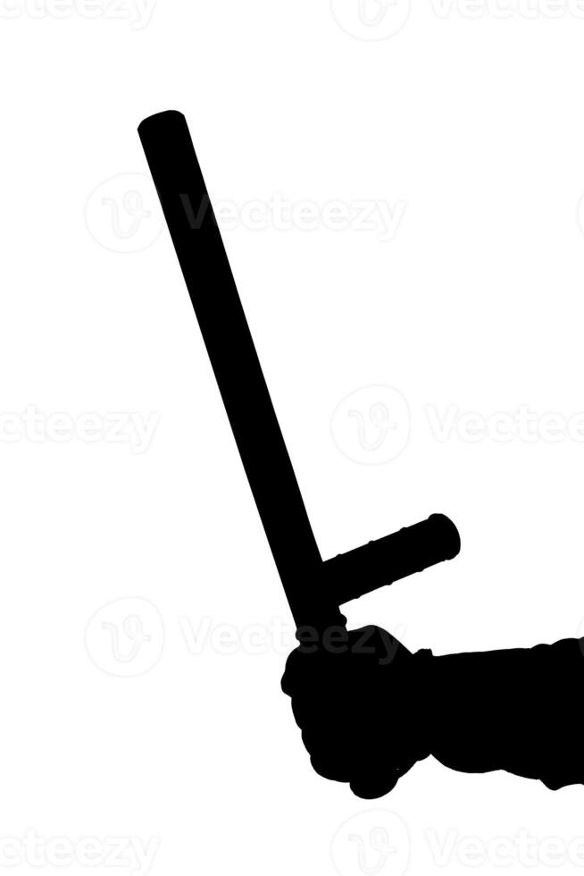 a black and white silhouette of hand in shirt with rubber police baton isolated on white background photo