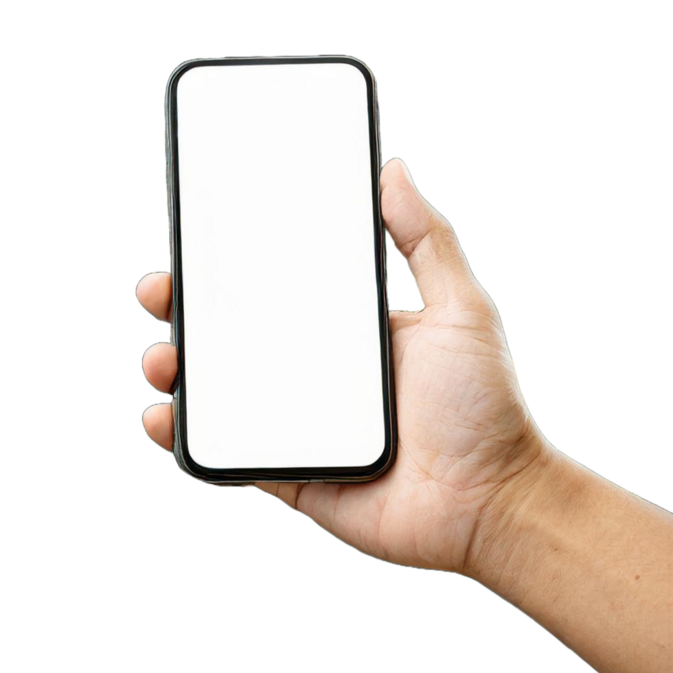 hand holding modern black phone in vertical position. Free PNG