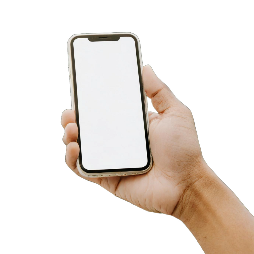 hand holding modern black phone in vertical position. Free PNG