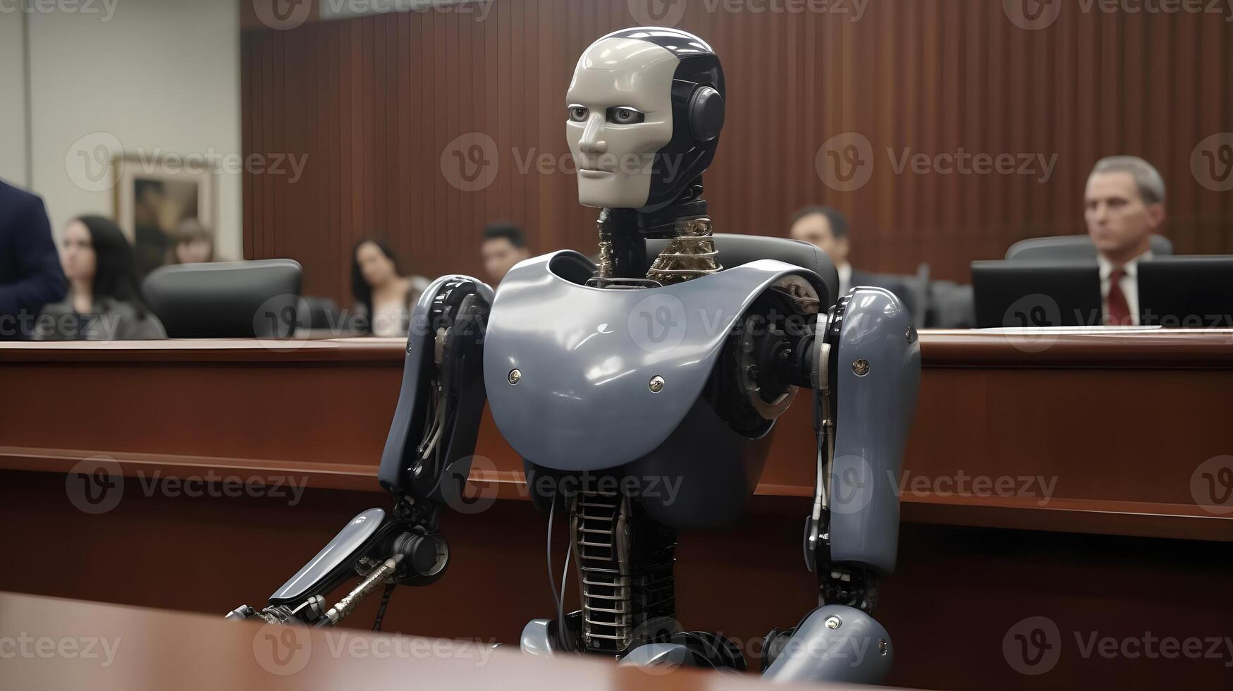 AI generated Anthropomorphic robot in human court, neural network generated art, AI law concept photo