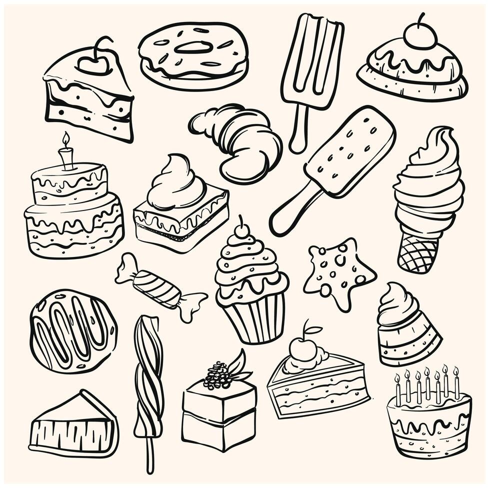 Doodle desserts and sweets. Line art illustration. Bakery Cartoon doodle vector