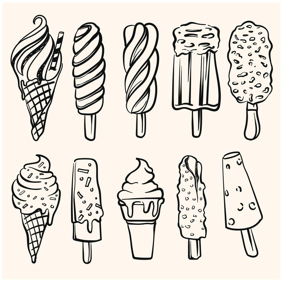 Set of doodles drawn with various types of ice cream, illustrations with doodle style and cream background vector