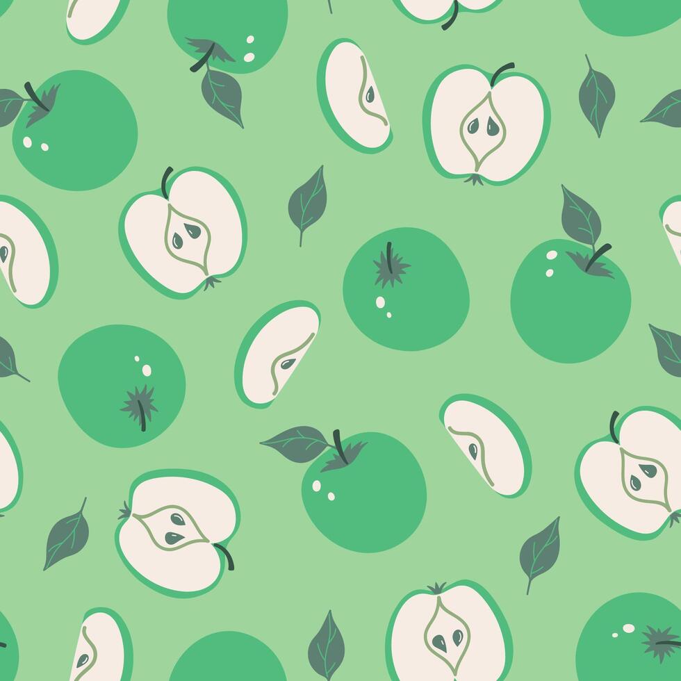 sin costura modelo con verde manzanas y rebanadas vector gráficos.