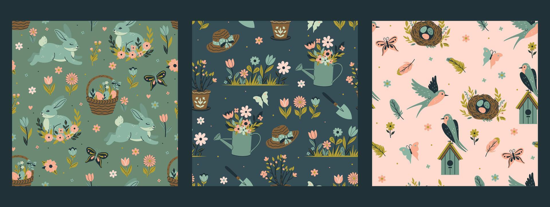 Set of spring seamless patterns with swallows, rabbits, flowers, garden tools. Vector graphics.