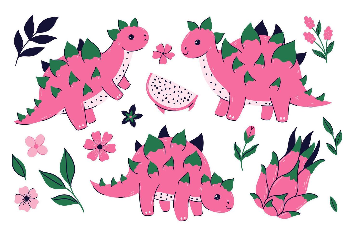 Set of cute fruit pitahaya dinosaurs . Vector graphics.