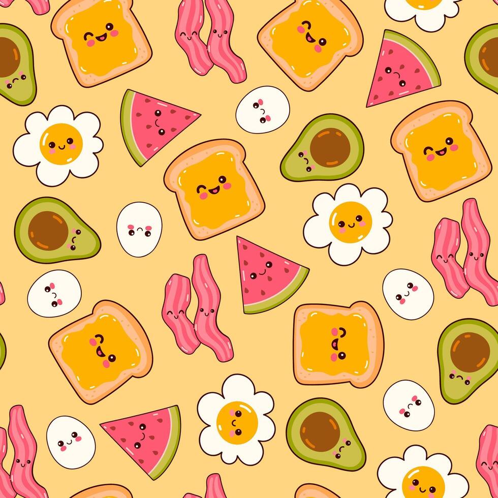 Seamless pattern with kawaii breakfast food. Vector graphics.