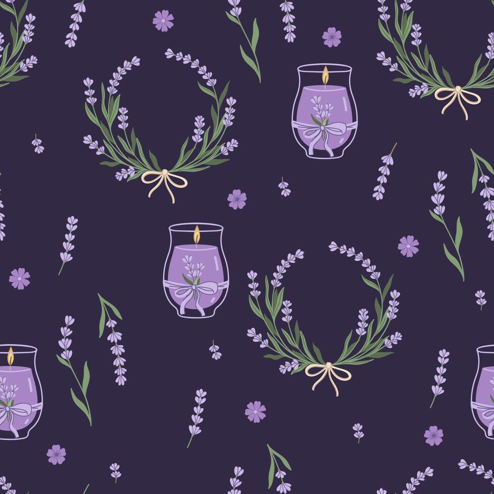 Seamless pattern with lavender flowers and aromatic candles. Vector graphics.