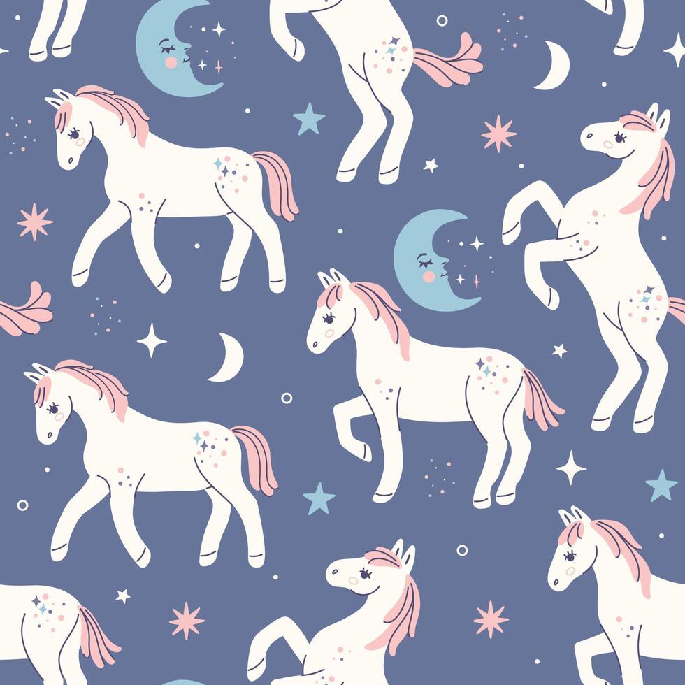 sin costura modelo con linda noche estrellado caballos. vector gráficos.